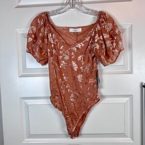 Melograno Rico Floral Velvet Burnout Bodysuit Terracotta Puff Sleeve Small